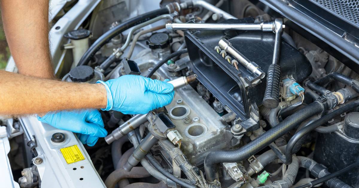 A man's hands with blue latex gloves holds a misfiring spark plug in front of a car's open engine compartment.