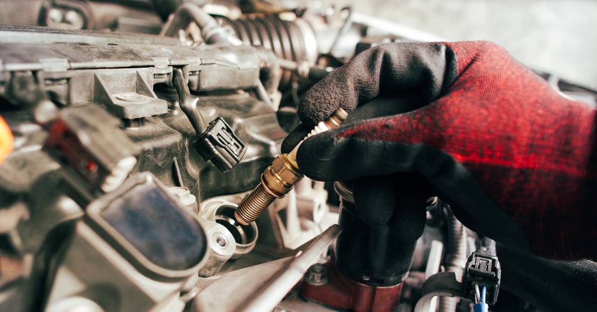 A person wearing a red mechanic's glove carefully holds a spark plug over the ignition socket in an engine block.