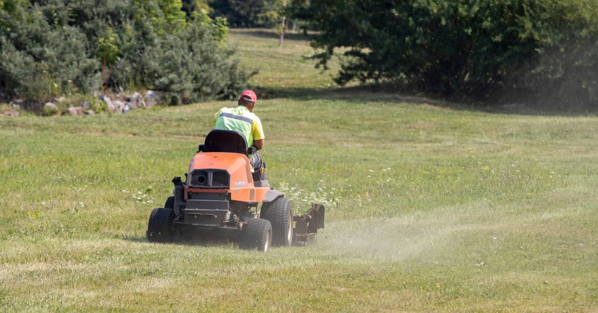 A worker wearing a bright shirt and hat drives a rideable lawn mower through a park field with trees in the distance.